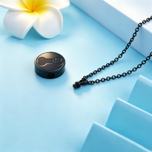 Round Pet Urn Pendant Necklace, Dog Paw Print and Bone Engraved Cremation Jewelry for Ashes, Stainless Steel Dog Keepsake Jewelry Urn Necklaces for Ashes for Women Men - color: Black