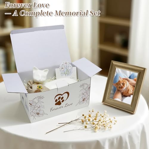 Lying Cat Urns for Ashes White Ceramic Pet Memorial Cremation, White | Includes Memorial Card, Waterproof Bag, Drawstring Pouch and Padding, Keepsake Urn for Loss of Beloved Cat, Remembrance Gift