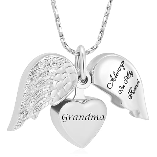 Imrsanl Cremation Jewelry for Ashes Heart Urn Necklace Pendants Ashes for Women Men Family Keepsake Memorial Angel Wing with Charm Heart for Loved Ones - color: Silver-Grandma