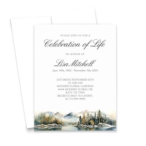 Personalized Celebration of Life Invitations With Envelopes, FLAT Memorial Service Invitation Cards With Mountains, Elegant Script Invitations For Funerals, Your Choice of Quantity and Envelope Color - color: Mountains