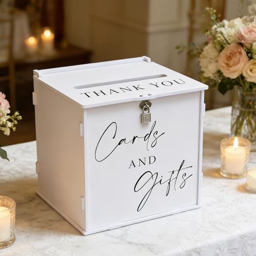 White Card Box with Lock & Slot, Elegant Wedding Card Boxes for Reception Money Envelope Cash Cards & Gifts, Spacious Gift Cards Holder Box for Party Graduation Baby Bridal Shower Table Decor - size: Large