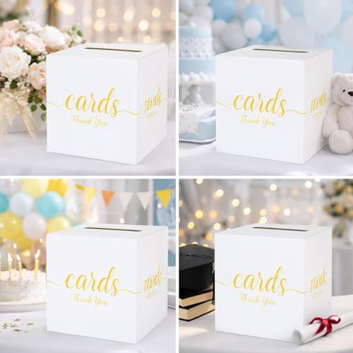Wedding Card Box with Slot White Gold 7.8 in Baby Shower Party | Graduation, Birthday, Bridal Shower, Wedding Reception, Holds Cards & Envelopes, Gift Cards, Easy Assembly, Folds Flat - color: WhiteGoldThanks