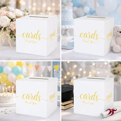 Wedding Card Box with Slot White Gold 7.8 in Baby Shower Party | Graduation, Birthday, Bridal Shower, Wedding Reception, Holds Cards & Envelopes, Gift Cards, Easy Assembly, Folds Flat - color: WhiteGoldThanks