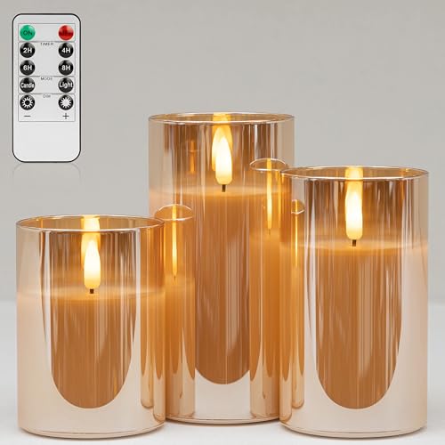 ANGELLOONG Flickering Flameless Candles with Remote for Bathroom Decor - color: Gold Glass