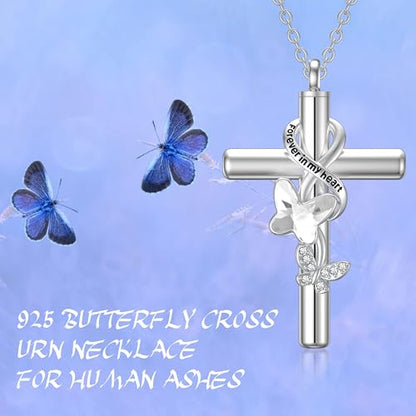 Cross Urn Necklace for Ashes 925 Sterling Silver Cremation Jewelry with Funnel Filler Kit Ashes Necklace for Human Women Girl Pets - color: A_Clear Butterfly Urn Necklace, style: Personalized