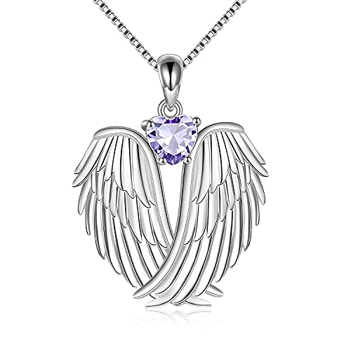 YFN Angel Wings Necklace 925 Sterling Silver Guardian Angel Wings Pendant Necklace Birthstone Necklace for Women Girls Christmas Jewelry Gifts - color: June
