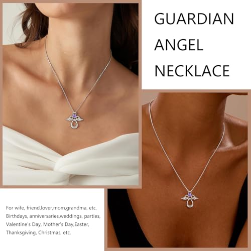 925 Sterling Silver Guardian Angel Pendant Necklace for Women with Birthstone Cubic Zirconia Little Angel Pendant Necklace Jewelry 18 inch Chain - color: 02-Feb-Amethyst