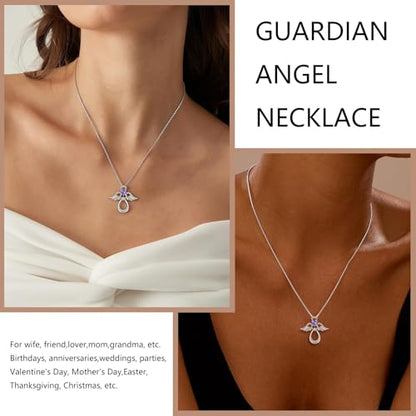 925 Sterling Silver Guardian Angel Pendant Necklace for Women with Birthstone Cubic Zirconia Little Angel Pendant Necklace Jewelry 18 inch Chain - color: 02-Feb-Amethyst