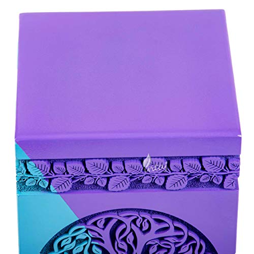 Wooden Urn for Human Ashes, 20 Cu in, Keepsake, Blue & Purple | Hand-carved wood, blue and purple, screw-locked sliding base, engraving available, holds a small share of ashes, to 20 lb - color: Blue & Purple, size: Keepsake - 3.50Hx2.00W (6.50 Cu/In)