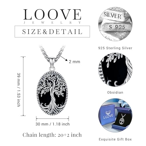 Sterling Silver Tree of Life Necklace for Women Oval Family Tree Necklace Abalone Shell Moonstone Pendant Mother Day Necklace for Mom Tree of Life Jewelry - style: Tree of Life-Black Obsidian(Oval)