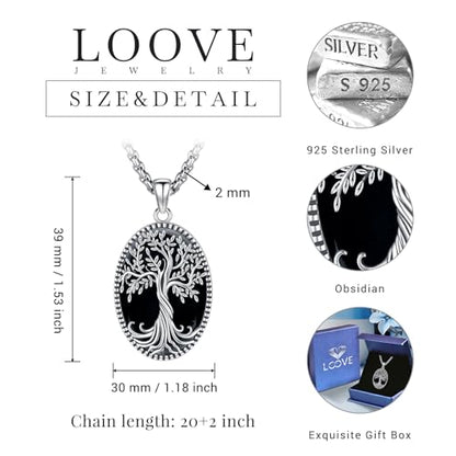 Sterling Silver Tree of Life Necklace for Women Oval Family Tree Necklace Abalone Shell Moonstone Pendant Mother Day Necklace for Mom Tree of Life Jewelry - style: Tree of Life-Black Obsidian(Oval)