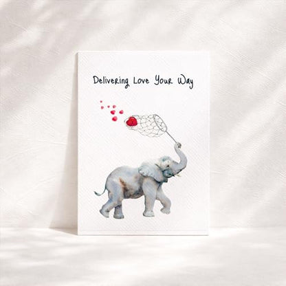 Watercolor Elephant "Thinking of You" Card – "Delivering Love Your Way" – Heartfelt Encouragement & Support Card for Friends, Family – 5x7 Premium Textured Art Stationery – Blank Inside