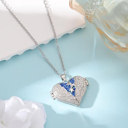 MeiceM Heart Crystal Urn Necklace for Ashes A Piece Of My Heart Lives In Heaven Cremation Jewelry Angel Wings Memorial Keepsake Pendant - color: Silver Blue