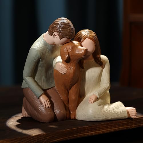 Hensonever Couple with Dog Figurines Ornaments, We are A Family Memorials Statues Gifts for Dog Lovers - color: Family of Three