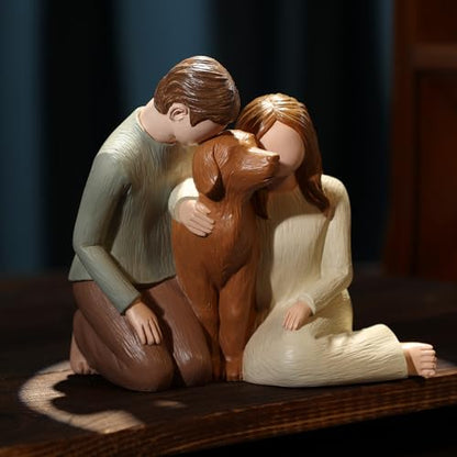 Hensonever Couple with Dog Figurines Ornaments, We are A Family Memorials Statues Gifts for Dog Lovers - color: Family of Three