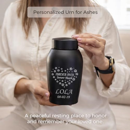 Personalized Cremation Keepsake Pet Ashes Urn Waterproof with Airtight Closure Customized Text Engraving Vase Container Memorial Dog Cat Funeral Decorative (Forever Loved, Forever Missed)