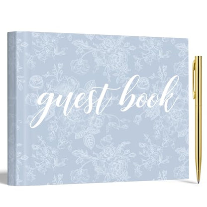 Engrowtic 7 x 9 Inches Floral Guest Book with Pen Hardcover Guestbook Registry Book for Wedding Bridal Shower Baby Shower Graduation Birthday Funeral Anniversary Reception, 50 Sheets 100 Pages(Blue) - color: Blue