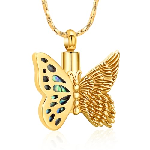 Imrsanl Butterfly Urn Necklace for Ashes Angel Wing Cremation Jewelry Keepsake Funeral Memorial Pendant Gifts of Loss Loved Ones for Women - color: Gold