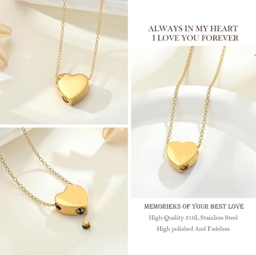 zeqingjw Glass Cremation Jewelry Necklace for Ashes Heart Memorial Lockets for Ashes Stainless Steel Keepsake Urn Ashes Pendants - color: Z-Gold Heart Urn Necklace