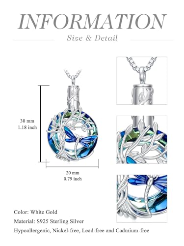 TOUPOP Butterfly Necklace for Women 925 Sterling Silver Tree of Life Butterflies Dragonfly Hummingbird Pendant Necklaces Crystal Jewelry Anniversary Christmas Birthday Gift for Her - color: Dragonfly Blue - Urn
