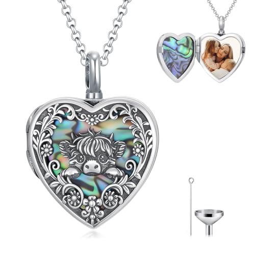 Personalized Heart Urn Locket Necklace for Ashes and Pictures 925 Sterling Silver Customized Locket Cremation Necklace for Ashes Memorial Keepsake Jewelry for Women - color: Abalone Highland Cow Urn Locket, style: No Custom
