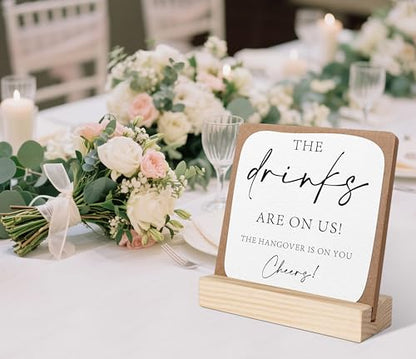 The Drinks are on Us Wooden Sign, Wedding Signs for Ceremony and Reception, Bar Signs, Bridal Shower Centerpieces for Tables, Bridal Shower Party Favors, Wedding Sign with Wooden Base - color: drinks sign