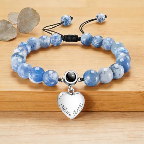 XIUDA Heart Cremation Memorial Urn Bracelet 316L Stainless Steel Keepsake Jewelry Urn Bracelet for Ashes for Women-With Me Always - style: Blue Agate Projection Stone, Engraved