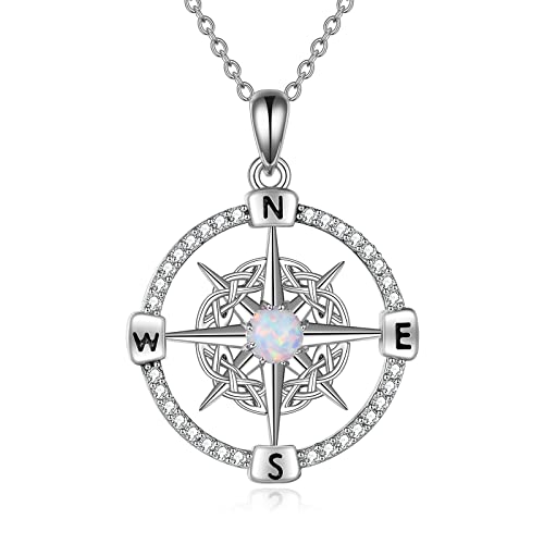 WINNICACA Celtic Knot Necklace 925 Sterling Silver Celtic Pendant Irish Urn Necklace Jewelry Birthday Anniversary Valentine's Day Gifts for Her Women Wife Girlfriend Daughter - style: 3-Compass Necklace(White Opal)