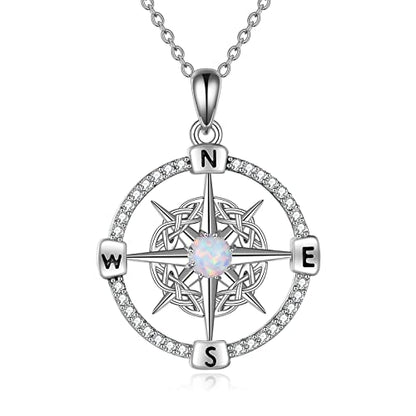 WINNICACA Celtic Knot Necklace 925 Sterling Silver Celtic Pendant Irish Urn Necklace Jewelry Birthday Anniversary Valentine's Day Gifts for Her Women Wife Girlfriend Daughter - style: 3-Compass Necklace(White Opal)