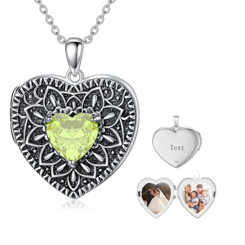 Heart Photo Locket Necklace 925 Sterling Silver Birthstone Gemstone That Holds 2 Pictures Locket Necklace Jewelry Gifts for Mother Women Mom Mother's Day Christmas Birthday - style: 08-August-Peridot-Customize