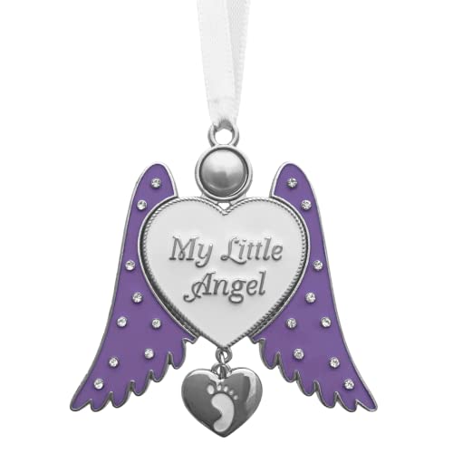 Baby Angel Christmas Ornament, Jeweled with Hanging Footprint Heart Charm, My Little Angel Memorial Ornament, Purple Wing Angel Keepsake for Baby Loss, Pregnancy Loss, Infant Remembrance, 2.5"
