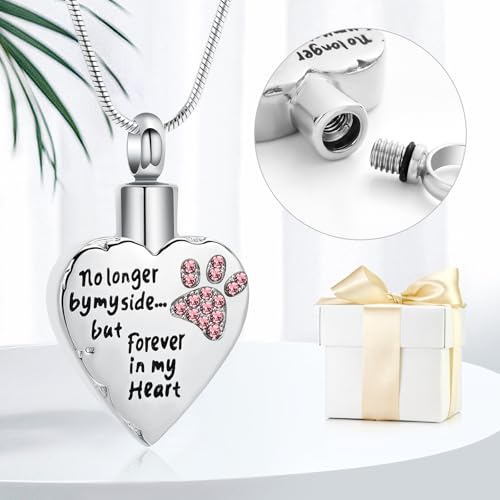 memorial jewelry No Longer by My Side,But Forever in My Heart Carved Locket Cremation Urn Necklace for Pet Dog Cats - color: Pink