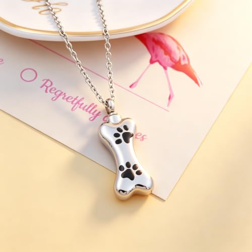 Custom Dog Bone Memorial Pendant Necklace with Paw Print, Stainless Steel Personalized Pet Cremation Jewelry Puppy Animal Urn Pendant Best Friends Friendship Pet Keepsake Gifts Dog Urn Necklace for Ashes for Dog Lovers - color: Silver