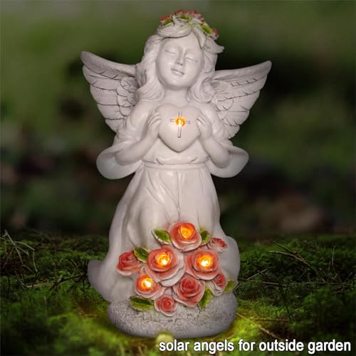Solar Light Angel Garden Statues Sculptures for Grave Decoration | Weatherproof, Sympathy Cemetey Decoration, Outodor Angel Gifts for Mom Grandma, Handmade of Resin, 8.7" Tall