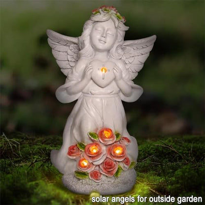 Solar Light Angel Garden Statues Sculptures for Grave Decoration | Weatherproof, Sympathy Cemetey Decoration, Outodor Angel Gifts for Mom Grandma, Handmade of Resin, 8.7" Tall