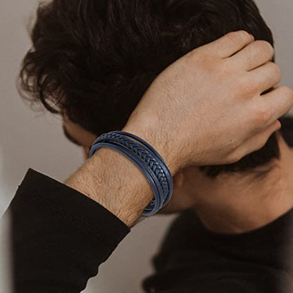 Mens Leather Bracelet with Clasp Cowhide Multi-Layer Braided Leather Mens Bracelet - style: Dark Blue&Black Clasp 8.5