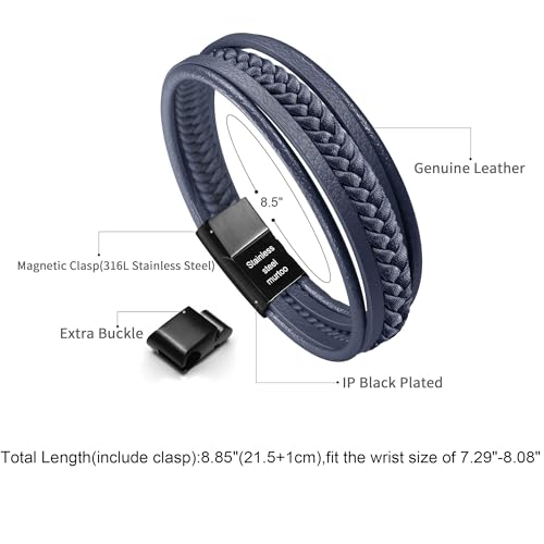 Mens Leather Bracelet with Clasp Cowhide Multi-Layer Braided Leather Mens Bracelet - style: Dark Blue&Black Clasp 8.5