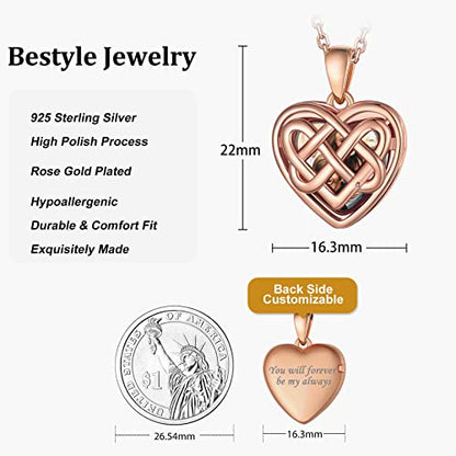 Bestyle Sterling Silver Heart Locket Necklace for Women, Dainty Cute Small Heart Locket Pendant in Gold/Rose Gold/Silver, Love Statement Jewelry Gift for Mother Wife - color: B1. Celtic Knot-Rose Gold-Locket Only, NO Custom