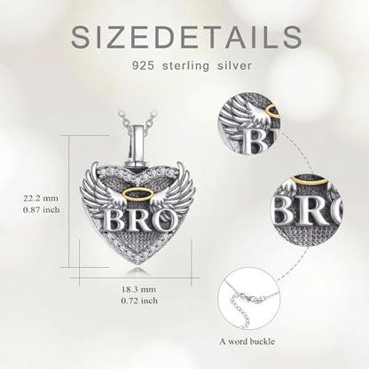 Family Members Urn Necklace for Ashes 925 Sterling Silver Angel Wings Heart Cremation Memorial Keepsake Pendant Jewelry for Loved One's Ashes, with 18" + 2" Stainless Steel Chain - style: Heart-Brother