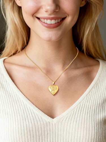 Custom4U Personalized Heart Locket Necklace with Pictures,Sunflower/Angel Wings/Heart Shaped Lockets Custom Photo,Gold/Rose Gold/White Lockets That Holds Picture,Customized Memorial Jewelry for Women - color: C-Heart-Gold(Locket + Photo + Engraving)