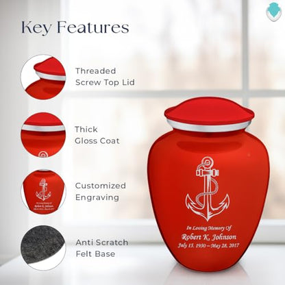 Adult Personalized Anchor Cremation Urns for Human Ashes I Large Bright Red Funeral Urn for Men and Women I 200 lbs - color: Bright Red