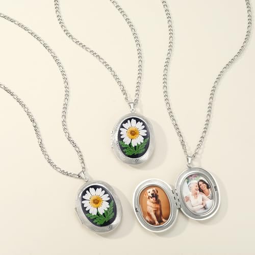AUNTESIGN Forget-Me-Not and Queen Anne's Lace Pressed Wildflower Necklace | Birth Month Flowers Necklace | Gold/Silver Pressed Flower Jewelry | Mother's Day | Gift For Her - color: Daisy and Ferns Locket Necklace