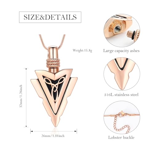 Arrow Head Urn Necklace for Ashes Cremation Jewelry Stainless Steel Arrowhead Pendant Memorial Necklaces Ash Holder Keepsake Jewelry for Loved Ones with Fill Tool - color: Rosegold