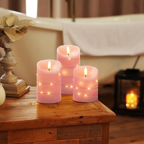 Homemory Flameless Candles with String Lights, 3 Pack Embedded Fairy String Lights LED Candles, Electric Flickering Candles with Remote Control and Timer, Real Wax, Pink - color: Pink