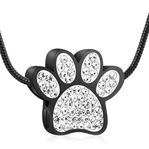 Paw Print Urn Necklace for Ashes Pet Paw Cremation Jewelry Ashes Necklace Keepsake Memorial Jewelry for Pet/Dog's/Cat's Ashes Pendant Gifts for Men/Women - color: Crystal-Black