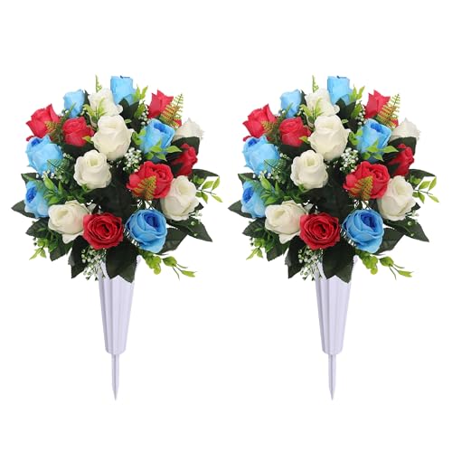 Set of 2 Artificial Cemetery Flowers with Vase,Grave Memorial Flowers,Artificial Rose Bouquet Decoration for Cemetery Headstones Gravesites (Red Blue, 2 Bouquets) - color: Red Blue