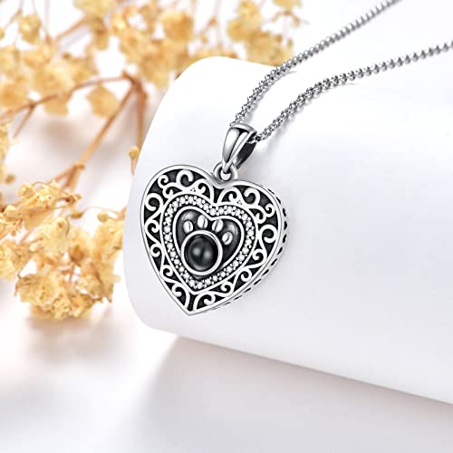 Filigree Dog Paw Urn Locket Necklace 925 Sterling Silver Print Pet Urn Necklace for Ashes Engraved Personalized Cremation Jewelry Pictures Keepsake Memorial Gifts for Women Men - style: D Projection Necklace+Photos