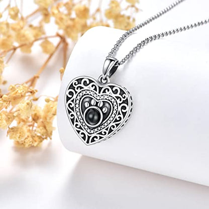 Filigree Dog Paw Urn Locket Necklace 925 Sterling Silver Print Pet Urn Necklace for Ashes Engraved Personalized Cremation Jewelry Pictures Keepsake Memorial Gifts for Women Men - style: D Projection Necklace+Photos