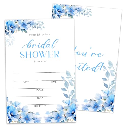 Bridal Shower Invitations, Blue Floral Invites for New Couples Mr and Mrs, 25 Fill In Wedding Shower Invitation with Envelopes, Wedding & Bridal Shower Party Favor Decorations -N10 - color: Blue Floral03