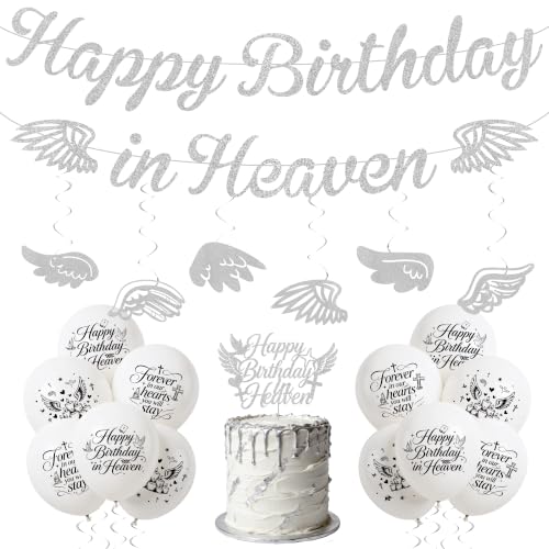 Happy Birthday in Heaven Decorations, Silver Glitter Heavensent Banner Set | Pre-strung Banners, Angel Wings Hanging Swirls Cake Topper White Balloons, Funeral Remembrance Heavenly Party Supplies - color: Silver